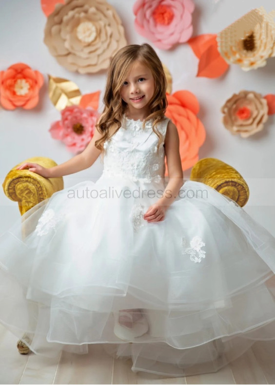 Beaded Ivory Lace Tulle 3D Flowers High Low Flower Girl Dress
